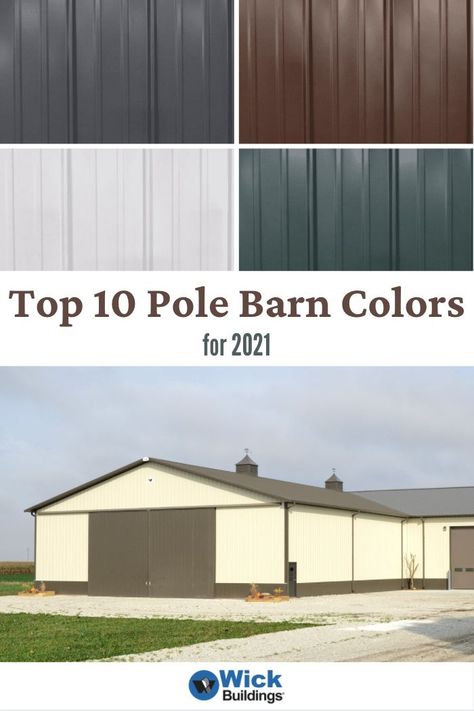 Careful planning is critical for your long-term satisfaction with your pole barn. Just don’t forget that extends to your color choices. Here is our compiled list of the 10 most popular pole barn colors from 2021. Check out what color trends came out on top! Use these color ideas for your next pole barn. Metal Building Homes Exterior Colors, Metal Shop Color Schemes, Polebarn Exterior Colors, Exterior Shop Colors Metal Buildings, Metal Siding Colors Exterior, Metal Building Exterior Colors Schemes, Steel Building Colors, Metal Building Exterior Ideas, Metal Shop Colors