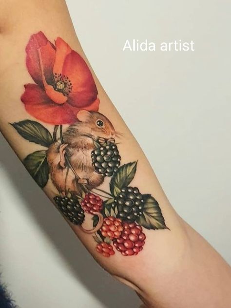 Flowers And Bugs Tattoo, Animal Floral Tattoo, Botanical Forearm Tattoo, Painterly Tattoo, Gran Tattoo, Background Shading Tattoo Ideas, Forest Animal Tattoo, Color Tattoos For Women, Snall Tattoos