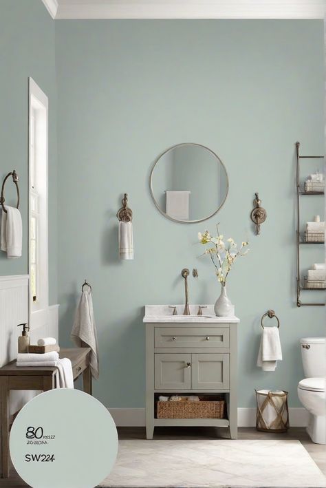 bathroom interior design,interior wall paint,wall decor ideas,paint color schemes Mountain Air Sherwin Williams Bathroom, Sw Mountain Air Paint, Calming Bathroom Paint Colors, Bathroom Wall Paint Colors, Calming Bathroom Colors, Bathroom 2024, Sage Green Kitchen, Green Kitchen Cabinets, Bathroom Walls