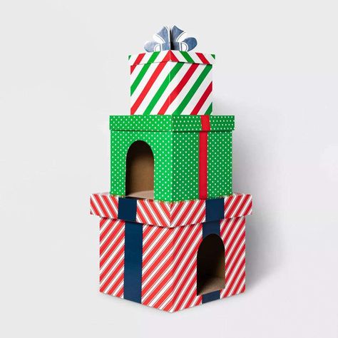 Target Has New Holiday Cat Houses That Will Get Your Pet Christmas-Ready Christmas Cat House, Present Tower, Diy Cat Scratcher, Cardboard Cat House, Cardboard Cat, Cat Houses, Target Christmas, Cat Towers, Scary Games