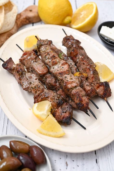 Traditional Greek Recipes, Pork Souvlaki, Greek Marinated Chicken, Souvlaki Recipe, Greek Olives, Greek Cooking, Stuffed Pork Tenderloin, Spices And Herbs, Pork Dishes