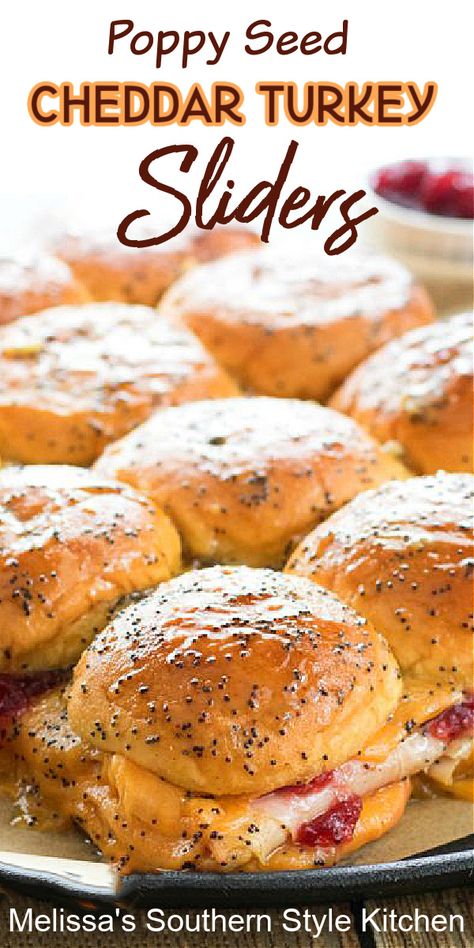 Insanely delicious Poppy Seed Cheddar Turkey Sliders can be served as an appetizer or casual meal #turkeysliders #cranberries #turkeyrecipes #dinner #dinnerideas #sliders #turkey #turkeysandwiches #leftoverturkeyrecipes #southernfood #southernrecipes #fallbaking #thanksgiving #cranberrysauce #recipes Sliders Turkey, Turkey Bread, Sliders Recipes Turkey, Sliders Recipes Hawaiian Rolls, Melissas Southern Style Kitchen, Sliders Recipes, Yummy Sandwiches, Turkey Sliders, Slider Sandwiches