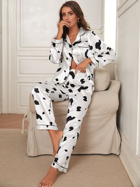 Cow Print Pocket Front Contrast Piping Satin PJ Set Animal Pajamas, Satin Pj Set, Pj Party, Newspaper Print, Newspaper Printing, Pant Sets, Contrast Piping, Pajama Set Women, Pj Sets