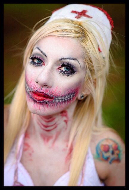 Nurse zombie Halloween makeup Halloween Nurse Makeup, Nurse Makeup, Zombie Halloween Makeup, Zombie Nurse, Sugar Skull Makeup, Character Makeup, Halloween Nurse, Skull Makeup, Zombie Halloween