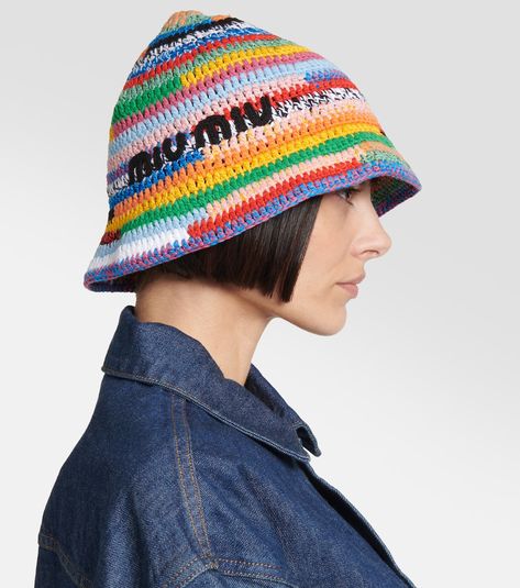 Crochet bucket hat in multicoloured - Miu Miu | Mytheresa Crochet Bucket, Crochet Bucket Hat, Crochet Squares, Outfits With Hats, Mom Outfits, Embroidery Logo, Sun Hats, Miu Miu, Nuts