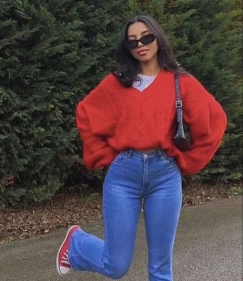 Blue Flare Jeans, Sweater Outfit, Red Sweater, Your Outfit, Cropped Sweater, Flare Jeans, Red, Blue