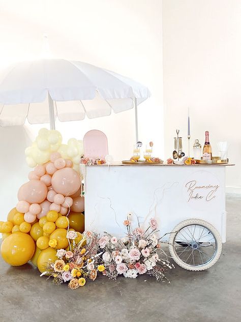 BAR / BAR CARTS | Runaway Indie Events Glassware Display, Balloon Inspiration, Neon Bar Signs, Baby Shower Theme Decorations, Sunshine Baby Showers, Cart Decor, Balloon Display, Hello Kitty Themes, Custom Cocktails