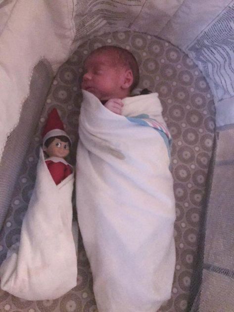 Swaddle the elf and your baby for a cute picture together! Elf On The Shelf For Infants, Elf On The Shelf Ideas For Infants, Christmas Photo Poses, Elf On The Shelf Pictures, Baby Elf On The Shelf, Baby Elf, Christmas Tradition, Poses Photography, Baby Christmas