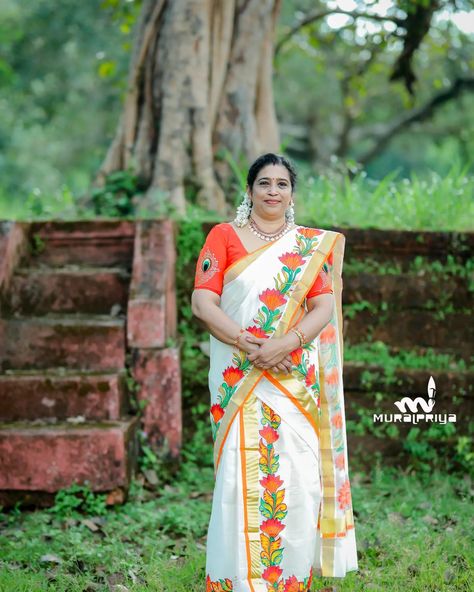 #muralpriya hand painted beautiful floral design kerala set mundu www.muralpriya.com +91 9895782615 #muralpriyastyling #onamcelebration #happycustomer #keralawedding #keralagram #trending Onam Celebration, Kerala, Floral Design, Paintings, Hand Painted, Floral, Quick Saves, Design