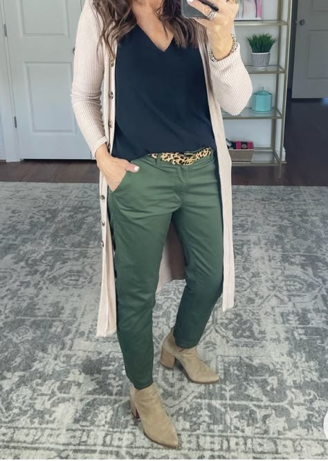 Casual Long Sleeve Khaki Cardigan, Casual Green Fall Pants, Military Style Cotton Jeans For Fall, Spring Military Style Khaki Pants, Spring Casual Capri-length Cargo Pants, Green Chinos, Cute Work Outfits, Teacher Outfits, Style Board