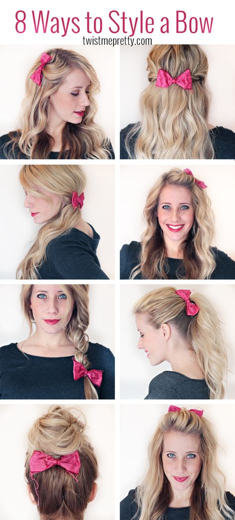 stlyebowfinal How To Style Hair Bows, Hair Bow Styles Hairstyles, How To Wear A Bow In Your Hair, How To Wear Bows In Hair, How To Style A Bow In Your Hair, Braided Bow Hairstyles, Hair Styles With Bows, Hairstyles With A Bow, Hair Bow Style