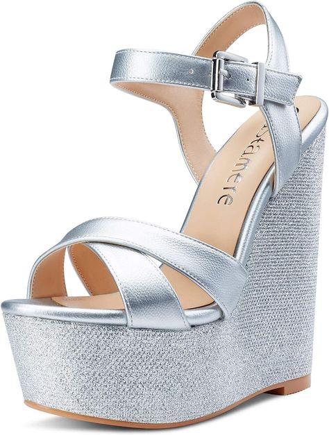 Amazon.com | Castamere Womens High-Heel Platform Wedge Heel Sandals Slingback Sexy Ankle Strap Open Toe 16CM Heels Silver PU Shoes 6 M US | Heeled Sandals Wooden Heels, Black Suede Shoes, Heels Silver, Shoe Designs, Platform Wedge Heels, Wedge Heel Sandals, Wooden Heel, Silver Heels, 2 Inch Heels