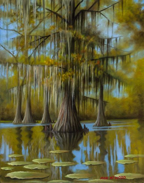 Scenic Paintings — Ron Atwood Art Swamp Painting Easy, Swamp Landscape Drawing, Bayou Painting, Swamp Paintings, Swamp Scene Painting, Louisiana Landscape, Cypress Swamp Painting, Swamp Scene, Florida Swamp Art