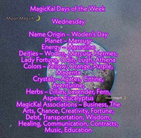 Monday Correspondences, Candle Magic Days Of The Week, Days Of The Week Correspondences, Monday Magickal Correspondences, Tuesday Magickal Correspondences, Days Of Week Magic Correspondence, Divination Methods, Name Origins, House Blessing