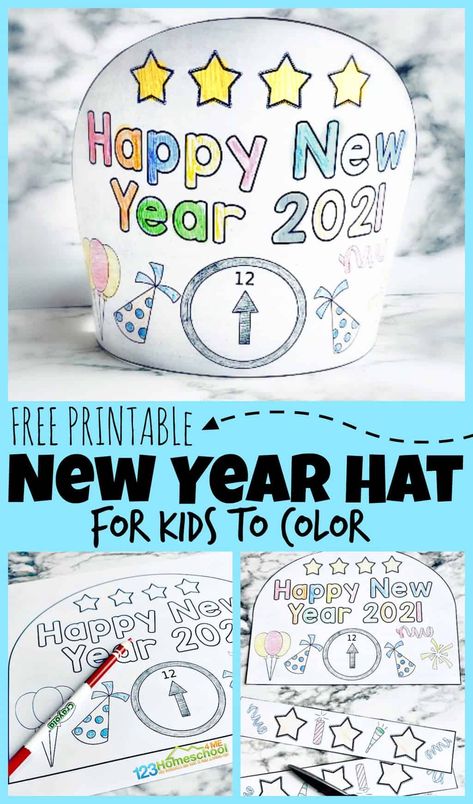 New Years Eve Hats For Kids, New Years Eve Kid Activities, New Year Party Hats For Kids, New Years Party Hat Craft For Kids, Happy New Year Hats Free Printable, New Years Activities Preschool Free Printable, New Year Hat For Kids Crafts, Printable New Years Eve Hats, New Years Eve Printables For Kids