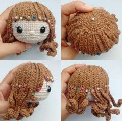 Amigurumi Doll Hair Free Pattern, Crochet Doll Hair Pattern Free, Crochet Doll Hair, Doll Free Crochet Pattern, Memorial Beads, Christmas Crochet Patterns Free, Doll Knitting, Hair Doll, Amigurumi Elephant