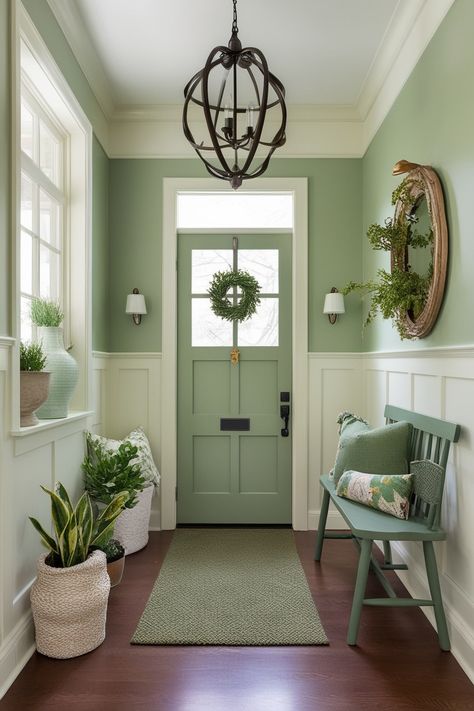 13 Sage Green Entryway Ideas to Transform Your Home – HomelyTip Light Green Trim Interior, Sage Green Hallway Ideas Entrance Halls, Green Foyer Entryway, Green Entryway Ideas, Green Doors Interior, Sage Hallway, Sage Green Entryway, Sage Green Front Door, Painted Interior Front Door