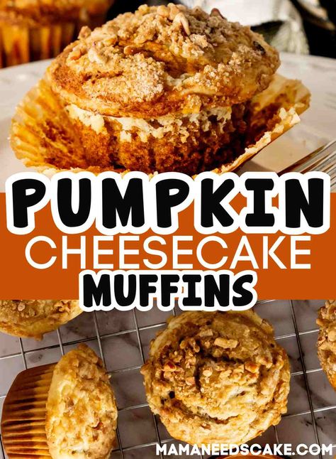 Pumpkin Cheesecake Muffins have warm comforting flavors with swirls of creamy cheesecake. These delicious treats are perfect for the fall season and make a great breakfast or snack option. Pumpkin Cheesecake Muffins, Bakery Muffins, Pecan Muffins, Cheesecake Muffins, Pecan Topping, Pumpkin Cream Cheese Muffins, Holiday Baking Recipes, Cream Cheese Muffins, Ginger Nut