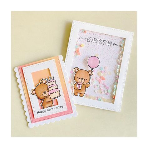 Jocelyn on Instagram: "Have a Happy Bear-thday!! 🥳 Mum requested for a bear birthday card. I can’t decide which bear design is cuter so I made two. Now, she wants both. 😂😂 okiess. #handmadecards #handmade #mftstamps #birthdaycard #happybirthday #bearcard #distressoxideinks #copic #cardmaking #mamaelephant #mamaelephantdies #lawnfawn #diecuts #shakercard" Teddy Bear Cards, Easy Birthday Cards Diy, Bear Birthday Card, Happy Bear, Teddy Bear Theme, Ink Blending, Simple Birthday Cards, Bear Card, Watercolor Lettering