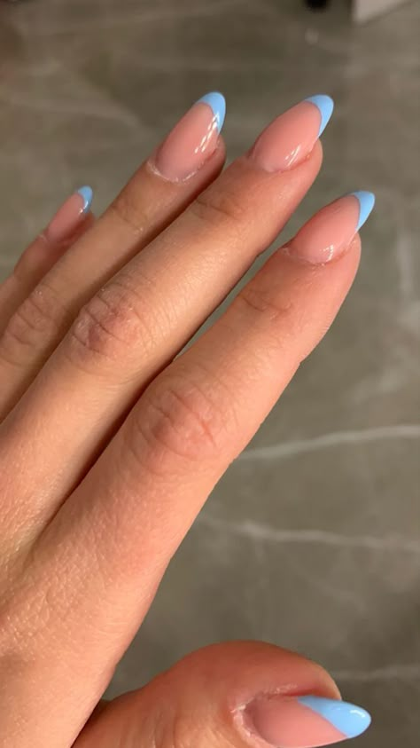 Light Blue Tip Nails, Nails For Light Blue Dress, Prom Blue Nails, Light Blue Wedding Nails, Nail Ideas Light Blue, Nail Inspo Light Blue, Blue Nails For Prom, Light Blue Nails Almond, Prom Nails Acrylic Blue