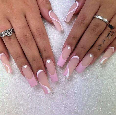 Swirl And Heart Nails, French Tips With Swirl Design, Pink Nail Heart Designs, White And Pink Long Nails, Acrylic Nail Designs Coffin French Tip, Nail French Tip Designs Coffin, Pink And White Swirls Nails, Pink And White Matte Nails, Nails Acrylic Pinks