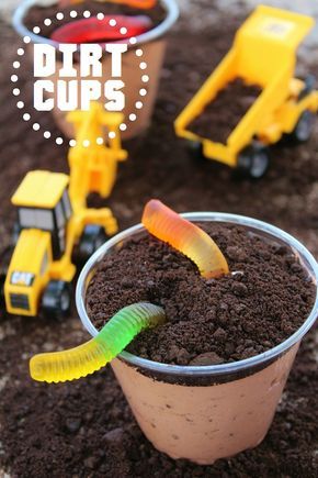 Construction Party Dirt Cups, Dirt Cups Dessert Construction, Oscar The Grouch Party Ideas, Dirt Cups Construction Party, Preschool Birthday Treats, Mud Cups, Pudding Dirt, School Birthday Treats, Preschool Birthday