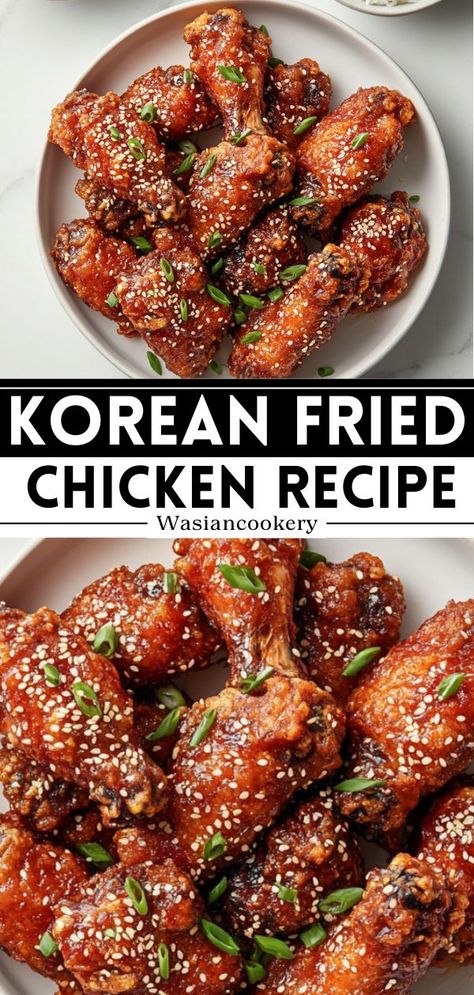 a plate full of Korean Fried chicken with sesame seeds Yangnyeom Chicken, Fried Chicken Crispy, Sticky Chicken Recipe, Spicy Korean Chicken, Korean Fried Chicken Recipe, Korean Bbq Chicken, Crunchy Chicken, Spicy Fried Chicken, Sweet And Spicy Chicken