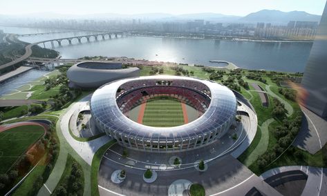 Seoul Olympic Stadium, Building Rendering, Forest Resort, Stadium Design, Airport Design, Olympic Stadium, Sports Stadium, Sport Hall, Sports Complex