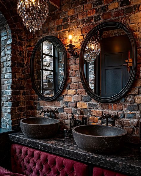 Cool Sinks, Bathroom With Black Ceiling, Brick Bathroom Ideas, Dark Blue Bathroom, Brick Bathroom, Gothic Bathroom, Heritage Hotel, Creative Interior Design, London Architecture