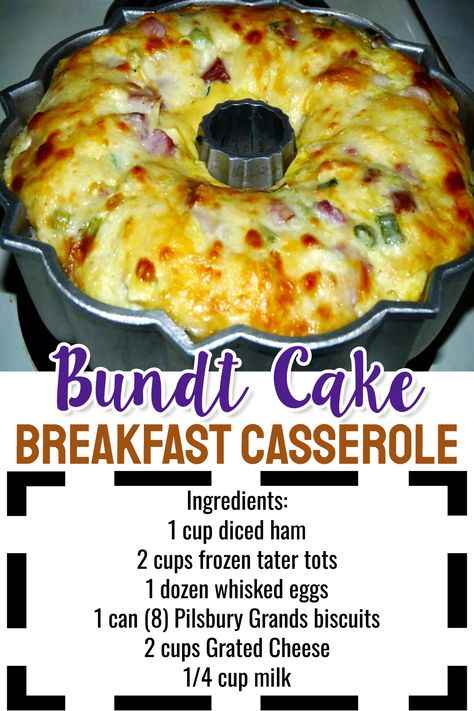 Make ahead breakfast for a crowd - easy bundt cake breakfast casserole recipe - Easter brunch, mother's day, fathers day, feeding a crowd, overnight guests, christmas morning Breakfast For A Crowd Make Ahead, Egg Casserole Recipes With Hashbrowns, Bundt Cake Breakfast, Breakfast Bundt, Breakfast Bundt Cake, Brunch Casserole Recipes, Make Ahead Brunch Recipes, Sweet Brunch, Brunch Dessert