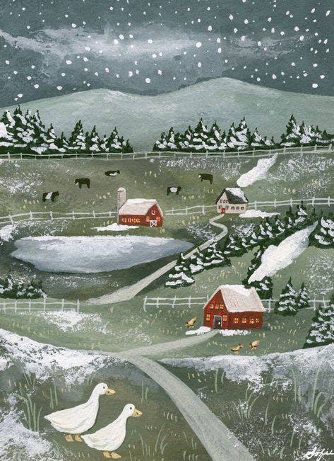 "First Snow"- Fine Art PrintMy original gouache painting printed on the highest quality fine art paper-Professional pure cellulose watercolor paper-Resembles the look of an original painting due to the texture of the paper-Shipped in a protective sleeve inside of a slim box to ensure the quality of the pieceDue to the Snow Illustration, Cottage Windows, Fall Drawings, Americana Art, Winter Landscape Painting, Painting Snow, Winter Watercolor, Winter Illustration, Winter Painting