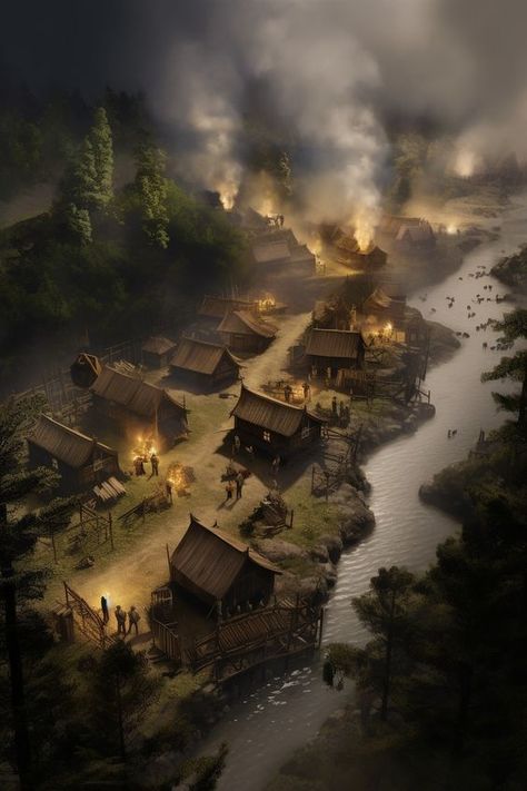 Viking Town Concept Art, Forest Village Fantasy Art, Fantasy Fishing Village, Kingdom Fantasy Castles, Mining Aesthetic, Fantasy Setting Village, Village Rpg, Village Concept Art, Farming Village