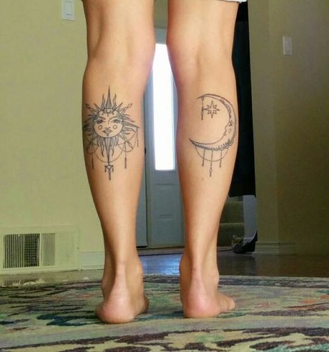 Sun And Moon Tattoo Back Of Leg, Sun Calf Tattoo, Sun And Moon Tattoo On Back Of Arms, Sun Moon Calf Tattoo, Sun Moon Leg Tattoo, Sun And Moon Calf Tattoo, Sun And Moon Foot Tattoo, Sun And Moon Leg Tattoo, Calf Tattoos For Women