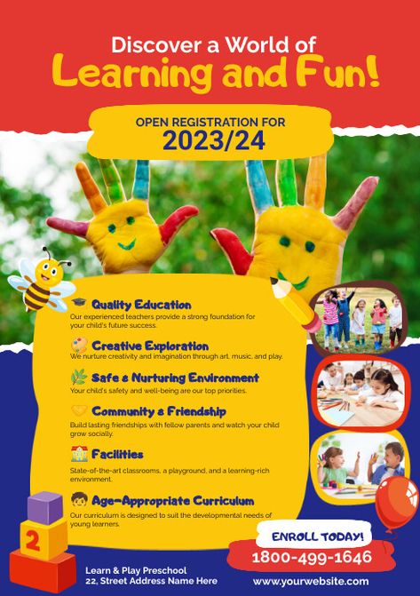 Design created with PosterMyWall Preschool Flyer, Teacher School, Online Ads, School Resources, Play To Learn, Art Classroom, Child Safety, Taekwondo, Art Music