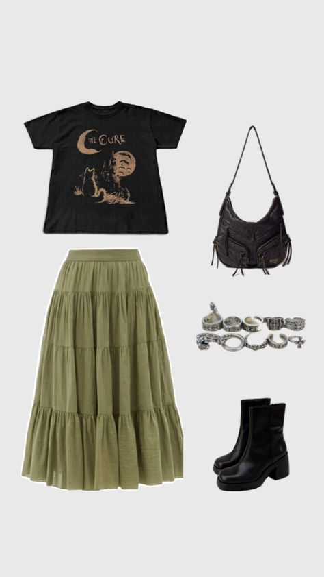 Skirt and band tee with boots outfit Grunge Outfits Skirt, Band Tee And Skirt Outfit, With Boots Outfit, Band Tee Outfits, Tee Outfits, Outfits Skirt, Grunge Outfit, Tee Outfit, Band Tees