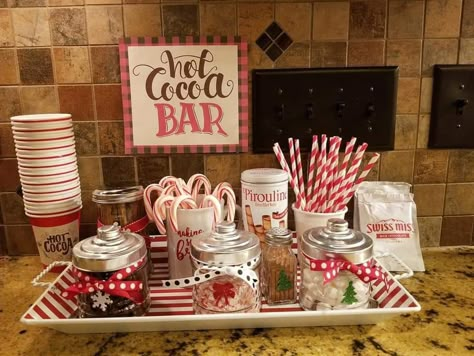 Small Hot Cocoa Bar, Hot Cocoa Bar Christmas, Christmas Hot Chocolate Bar, Holiday House Decor, Hot Chocolate Station, Chocolate Station, Diy Hot Cocoa, Holiday Bar, Dollar Store Christmas Crafts