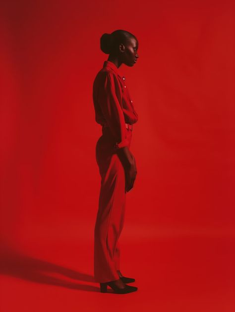 Lummi Photo - Monochromatic Red Portrait of a Fashionable Black Woman Dark Heels, Monochromatic Photoshoot, Confident Pose, Red Portrait, Red Floor, Red Backdrop, Christmas Portraits, Christmas Shoot, Red Monochrome