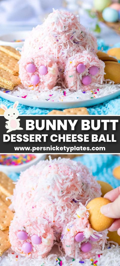 This adorable Bunny Butt Strawberry Funfetti Dip is made with cream cheese and strawberry cake mix which makes it perfect for dipping cookies.  A quick coat of shredded coconut gives this bunny his fur.  This Easter Bunny Dessert Cheese Ball is going to be the cutest dessert on your Easter table! Bunny Appetizer Ideas, Easter Bunny Cheese Ball, Easter Bunny Dip, Bunny Cheese Ball, Easter Cheese Ball, Easter Dips, Dipping Cookies, Easter Bunny Desserts, Easter Vegetables