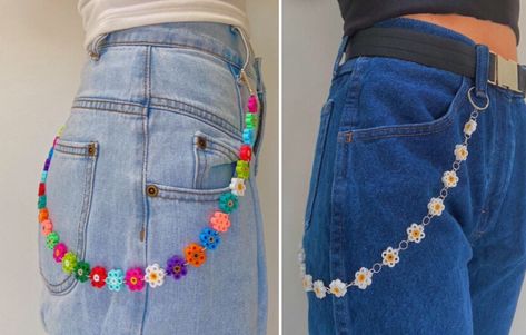 Perler Beads Chain, Perler Belt Chain, Perler Chain, Perler Bead Belt Chain, Flower Belt Chain, Diy Chain Belt, Jeans Chain, Easy Perler Bead Patterns, Pant Chains