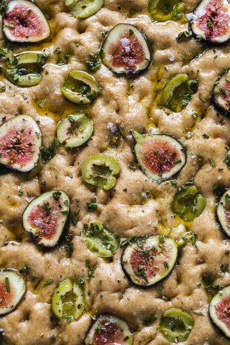 Thanksgiving Focaccia Art, Bread Spread Recipes, Thanksgiving Foccia Bread, Gf Foccacia Bread Recipes, Healthy Focaccia, Olive Foccacia, Focaccia Bread With Olives, Fig Focaccia Bread, Focaccia Flavors