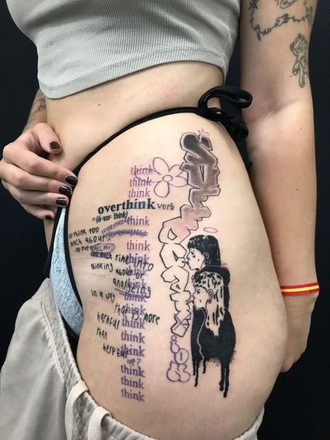 Radiohead Minotaur Tattoo, Leg Tattoo Grunge, Tattoos Artistic Aesthetic, Genius Tattoo Ideas, Patchwork Tattoo Stomach, Purple And Black Tattoo, Cute Temporary Tattoos, Massive Attack Tattoo, Different Tattoo Styles On One Arm