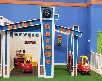 Garage Playhouse, Mechanics Garage, Custom Playhouse, Indoor Playground Design, Play Structure, Kids Playhouse, Play Centre, Soft Play, Indoor Play