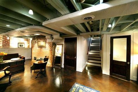 Green Painting Basement Ceiling Ideas Basement Ceiling Ideas Cheap, Exposed Basement Ceiling, Basement Ceiling Painted, Industrial Basement, Basement Ceiling Options, Low Ceiling Basement, Basement Playroom, Basement Inspiration, Green Painting