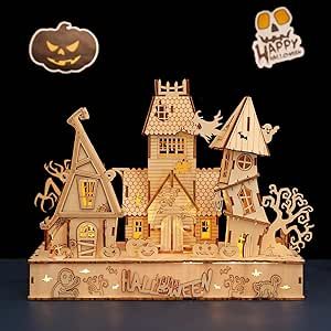 3D Wooden Halloween Haunted House Puzzles, Wood Creative Glow in The Dark Haunted House Puzzle, Assembly Model Building Kits to Build for Adults & Kids, Halloween Decor Model Kits Halloween Pumpkin Diy, Halloween Led Lights, Halloween Puzzles, Casa Halloween, Halloween Haunted House, Halloween Series, Fun Halloween Decor, Kraf Diy, Halloween Haunted Houses