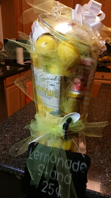 Lemonade Gift Basket, Tricky Tray Baskets, Lemonade Gift, Silent Auction Gift Basket Ideas, Ortho Marketing, Basket Raffle, Silent Auction Basket, Pitcher Gift, Tricky Tray