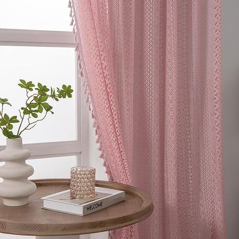 Amazon.com: WAZZIO Boho Tassel Crochet Curtains for Living Room,Vintage Rod Pocket Bohemian Curtains Geometry Striped Knitted Lace Light Filtering Curtains 84 inches Long 2 Panel Set for Bedroom Bay Kids,Beige : Home & Kitchen Light Pink Curtains, Curtains For Girls Room, Pink Bedroom Curtains, Baby Pink Curtains, Tassel Crochet, Girls Room Curtains, Curtains Living Room Modern, Cafe Curtain Rods, Curtains Ideas