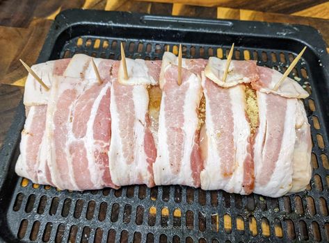 Bacon Wrapped Pork Loin Air Fryer Bacon Wrapped Pork Loin In Air Fryer, Pork Loin In Air Fryer, Pork Loin Air Fryer, Bacon Wrapped Pork Roast, Air Fryer Pork Loin, Pork Tenderloin Sides, Bacon Wrapped Pork Loin, Cooking Cheat Sheet, Pork Loin Recipe