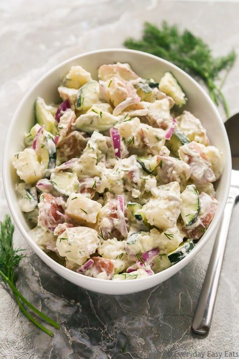 This Creamy Dill Potato Salad recipe is a cool, tangy twist on a classic potato salad. A quick and easy cold side dish that is perfect for your next potluck, BBQ or everyday dinner! You Yam Salad Recipe, Yam Salad, Dill Potato Salad Recipe, Yellow Salad, Dill Salad Recipe, Yellow Yam, Dill Potato Salad, Dill Potato, Potato Salad Dill