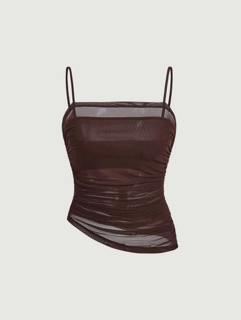 SHEIN MOD Solid Ruched Mesh Cami Top | SHEIN UK Brown Tops Aesthetic, Top Marron, Brown Clothing, Women Tank Tops, Brown Top, Shein Tops, Stage Outfits, Dream Clothes, Cami Top