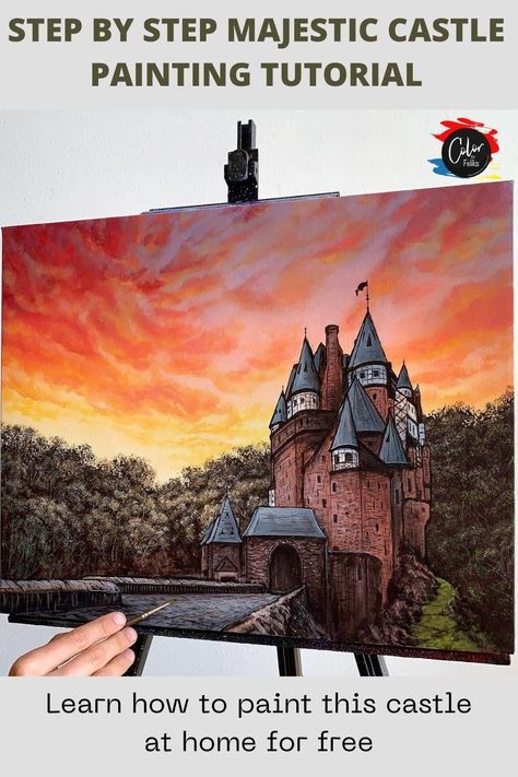 Start building your imagination from this easy castle acrylic painting by Feliks. This painting tutorial is good for beginners and help you start the castle skecth and simple drawing. This painting idea will bring the childhood fairy tales and your dream of living in a castle. Explore different color blends and use watercolor or oil paints. Castle Acrylic Painting, Charcoal Realism, Paint A Sunset, Castle Landscape, Painting With Acrylics, Painting Videos Tutorials, Castle Painting, Popular Paintings, Creative Friends